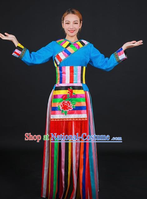 Chinese Traditional Moinba Nationality Stage Show Dress Ethnic Minority Folk Dance Costume for Women