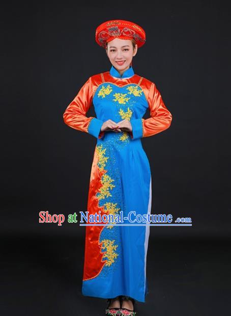 Chinese Traditional Jing Nationality Stage Show Embroidered Blue Dress Ethnic Minority Folk Dance Costume for Women