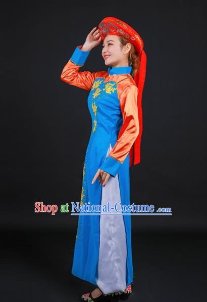 Chinese Traditional Jing Nationality Stage Show Embroidered Blue Dress Ethnic Minority Folk Dance Costume for Women