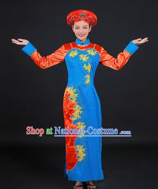 Chinese Traditional Jing Nationality Stage Show Embroidered Blue Dress Ethnic Minority Folk Dance Costume for Women