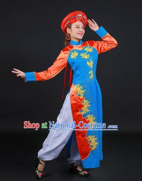 Chinese Traditional Jing Nationality Stage Show Embroidered Blue Dress Ethnic Minority Folk Dance Costume for Women