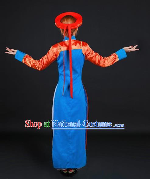 Chinese Traditional Jing Nationality Stage Show Embroidered Blue Dress Ethnic Minority Folk Dance Costume for Women