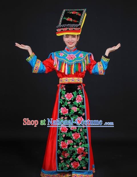 Chinese Traditional Qiang Nationality Stage Show Red Dress Ethnic Minority Folk Dance Costume for Women