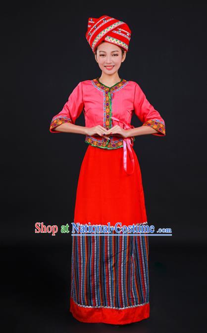 Chinese Traditional Blang Nationality Stage Show Red Dress Ethnic Minority Folk Dance Costume for Women