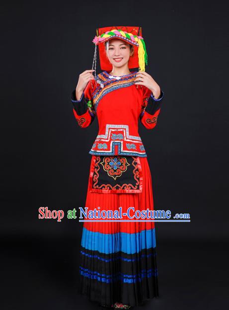 Chinese Traditional Yi Nationality Stage Show Red Dress Ethnic Minority Folk Dance Costume for Women