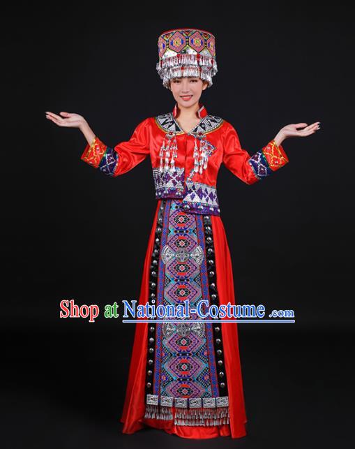 Chinese Traditional Tujia Nationality Stage Show Red Dress Ethnic Minority Folk Dance Costume for Women