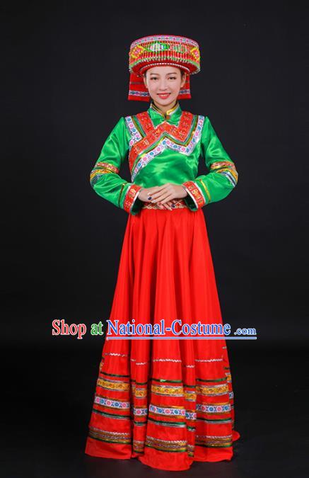 Chinese Traditional Lisu Nationality Stage Show Red Dress Ethnic Minority Folk Dance Costume for Women