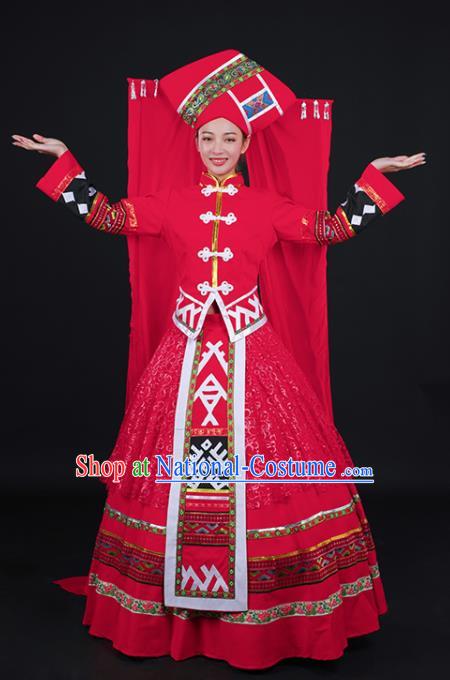 Chinese Traditional Zhuang Nationality Stage Show Wedding Red Dress Ethnic Minority Folk Dance Costume for Women