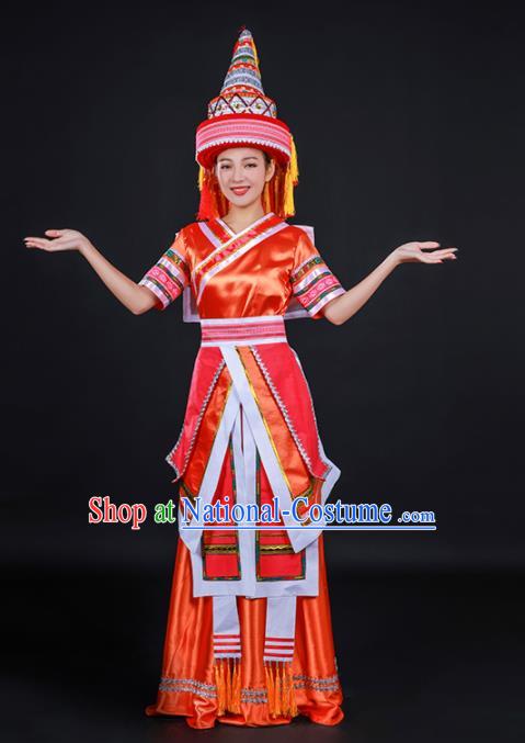 Chinese Traditional Yao Nationality Stage Show Orange Dress Ethnic Minority Folk Dance Costume for Women