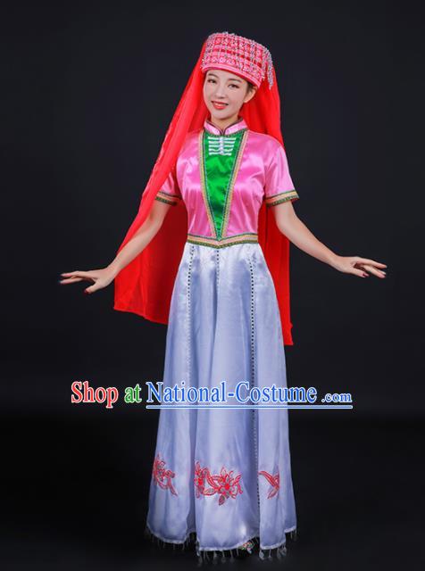 Chinese Traditional Dongxiang Nationality Stage Show Dress Ethnic Minority Folk Dance Costume for Women