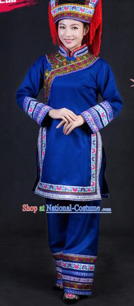 Chinese Traditional Lhoba Nationality Stage Show Royalblue Dress Ethnic Minority Folk Dance Costume for Women