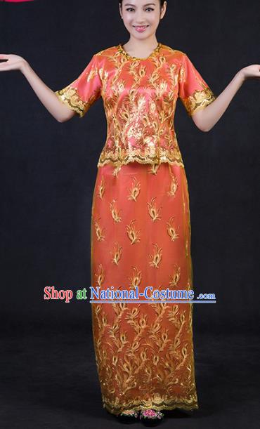 Chinese Traditional Dai Nationality Stage Show Orange Dress Ethnic Minority Folk Dance Costume for Women