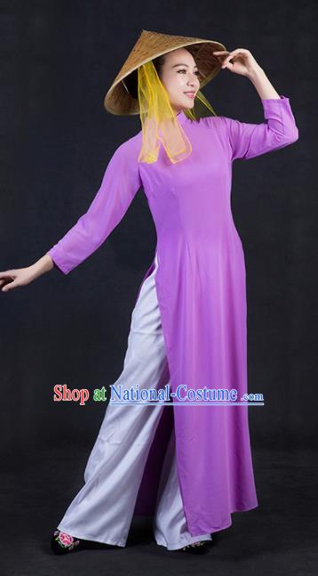 Chinese Traditional Jing Nationality Stage Show Purple Dress Ethnic Minority Folk Dance Costume for Women