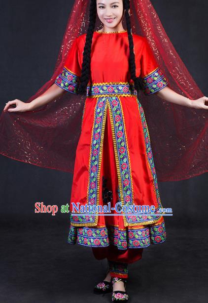 Chinese Traditional Tajik Nationality Stage Show Red Dress Ethnic Minority Folk Dance Costume for Women