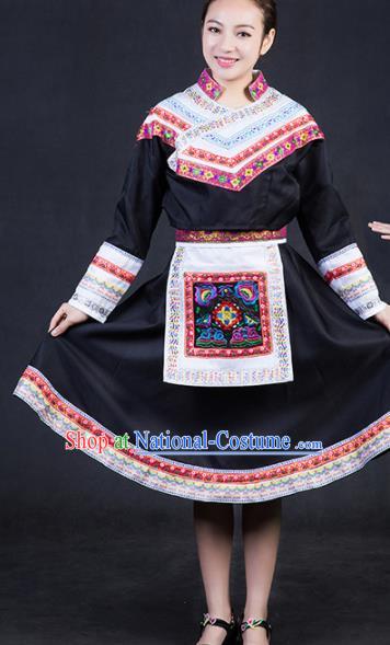 Chinese Traditional She Nationality Stage Show Black Short Dress Ethnic Minority Folk Dance Costume for Women