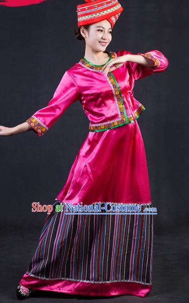 Chinese Traditional Blang Nationality Stage Show Rosy Dress Ethnic Minority Folk Dance Costume for Women