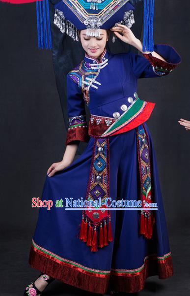 Chinese Traditional Zhuang Nationality Stage Show Navy Dress Ethnic Minority Folk Dance Costume for Women