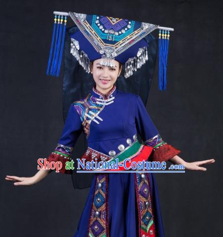 Chinese Traditional Zhuang Nationality Stage Show Navy Dress Ethnic Minority Folk Dance Costume for Women