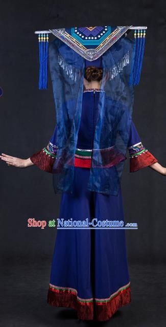 Chinese Traditional Zhuang Nationality Stage Show Navy Dress Ethnic Minority Folk Dance Costume for Women