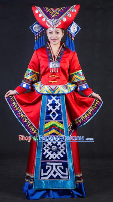 Chinese Traditional Zhuang Nationality Stage Show Wedding Red Dress Ethnic Minority Folk Dance Costume for Women