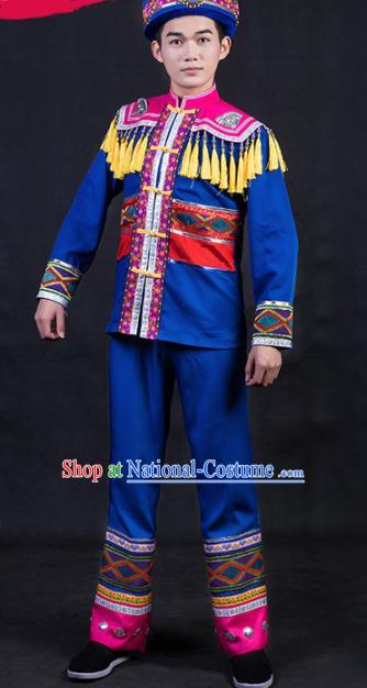 Chinese Traditional Zhuang Nationality Festival Compere Royalblue Outfits Ethnic Minority Folk Dance Stage Show Costume for Men