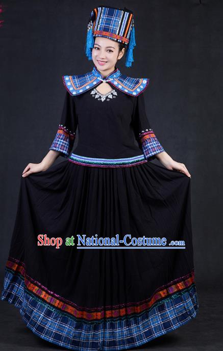 Chinese Traditional Yao Nationality Stage Show Black Dress Ethnic Minority Folk Dance Costume for Women