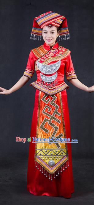 Chinese Traditional Zhuang Nationality Stage Show Red Dress Ethnic Minority Folk Dance Costume for Women