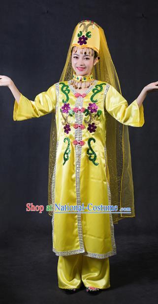 Chinese Traditional Dongxiang Nationality Stage Show Yellow Dress Ethnic Minority Folk Dance Costume for Women