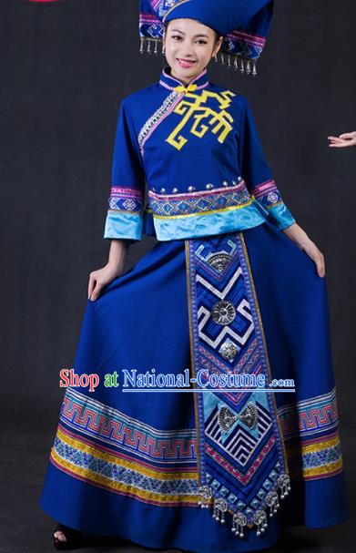 Chinese Traditional Zhuang Nationality Stage Show Navy Dress Ethnic Minority Folk Dance Costume for Women