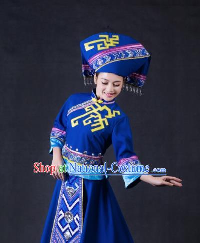 Chinese Traditional Zhuang Nationality Stage Show Navy Dress Ethnic Minority Folk Dance Costume for Women