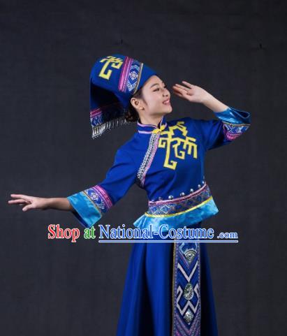 Chinese Traditional Zhuang Nationality Stage Show Navy Dress Ethnic Minority Folk Dance Costume for Women