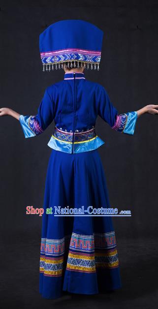 Chinese Traditional Zhuang Nationality Stage Show Navy Dress Ethnic Minority Folk Dance Costume for Women