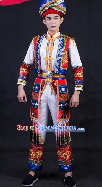 Chinese Traditional Zhuang Nationality Festival Compere White Outfits Ethnic Minority Folk Dance Stage Show Costume for Men