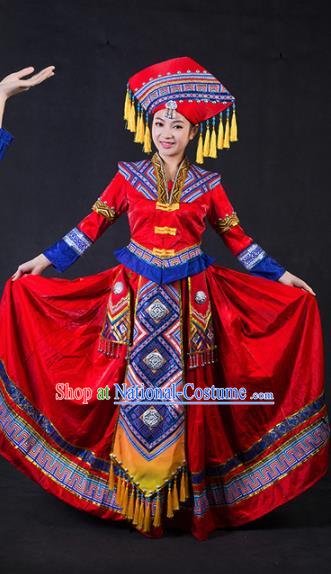 Chinese Traditional Zhuang Nationality Stage Show Bride Red Dress Ethnic Minority Folk Dance Costume for Women