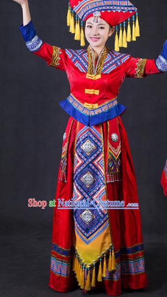 Chinese Traditional Zhuang Nationality Stage Show Bride Red Dress Ethnic Minority Folk Dance Costume for Women