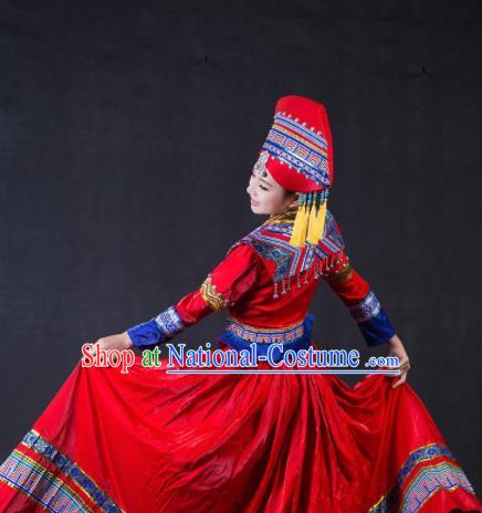 Chinese Traditional Zhuang Nationality Stage Show Bride Red Dress Ethnic Minority Folk Dance Costume for Women