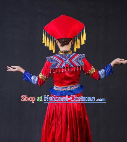 Chinese Traditional Zhuang Nationality Stage Show Bride Red Dress Ethnic Minority Folk Dance Costume for Women