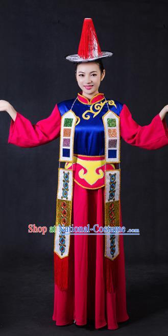 Chinese Traditional Yugur Nationality Stage Show Rosy Dress Ethnic Minority Folk Dance Costume for Women