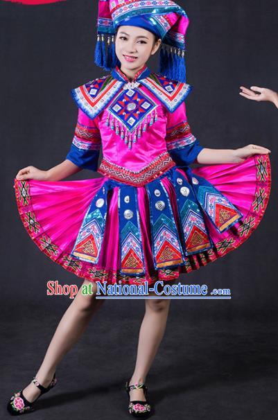 Chinese Traditional Zhuang Nationality Stage Show Rosy Short Dress Ethnic Minority Folk Dance Costume for Women