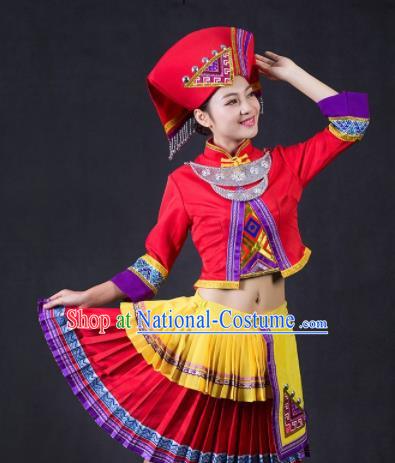 Chinese Traditional Zhuang Nationality Stage Show Red Short Dress Ethnic Minority Folk Dance Costume for Women