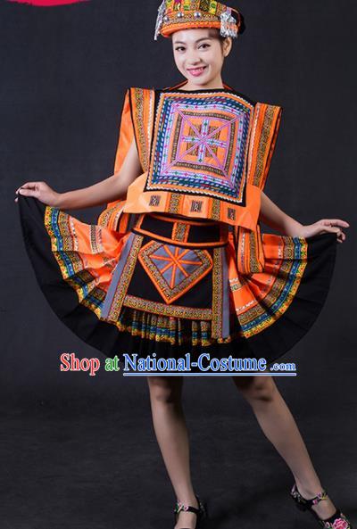 Chinese Traditional Yao Nationality Stage Show Orange Short Dress Ethnic Minority Folk Dance Costume for Women