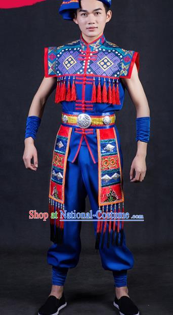 Chinese Traditional Yao Nationality Festival Compere Royalblue Outfits Ethnic Minority Folk Dance Stage Show Costume for Men