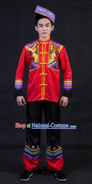 Chinese Traditional Zhuang Nationality Festival Compere Red Outfits Ethnic Minority Folk Dance Stage Show Costume for Men