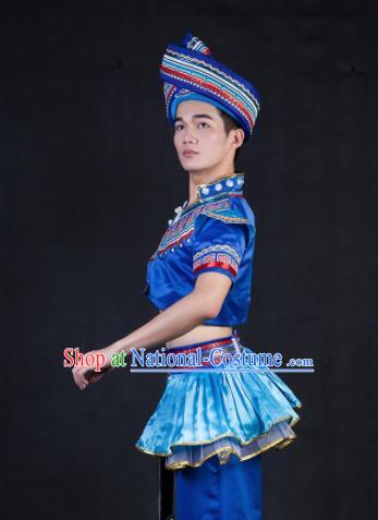 Chinese Traditional Zhuang Nationality Festival Compere Deep Blue Outfits Ethnic Minority Folk Dance Stage Show Costume for Men