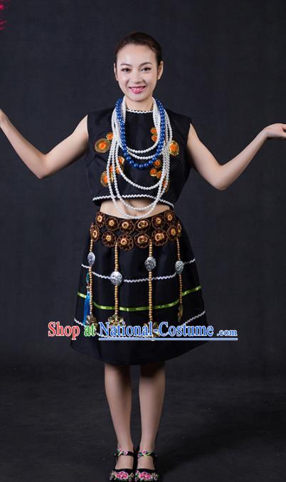 Chinese Traditional Moinba Nationality Stage Show Black Short Dress Ethnic Minority Folk Dance Costume for Women