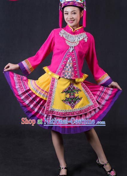 Chinese Traditional Yao Nationality Stage Show Rosy Short Dress Ethnic Minority Folk Dance Costume for Women