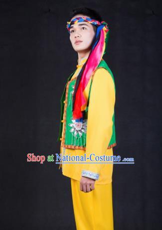 Chinese Traditional Hezhen Nationality Festival Compere Yellow Outfits Ethnic Minority Folk Dance Stage Show Costume for Men