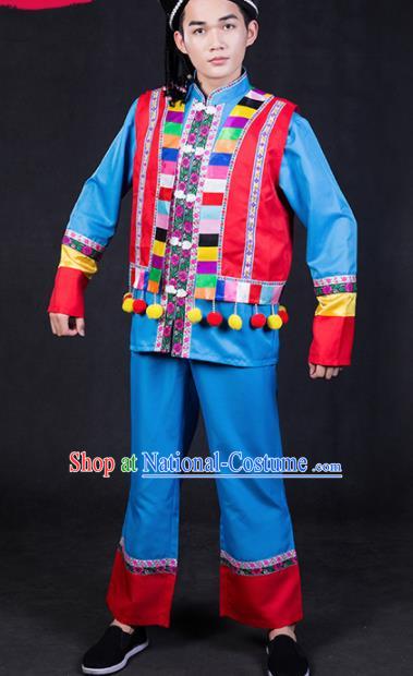 Chinese Traditional Yao Nationality Festival Compere Blue Outfits Ethnic Minority Folk Dance Stage Show Costume for Men