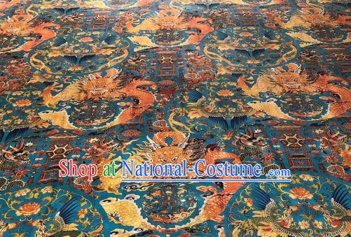 Asian Chinese Traditional Dragon Phoenix Pattern Design Blue Gambiered Guangdong Gauze Fabric Silk Material