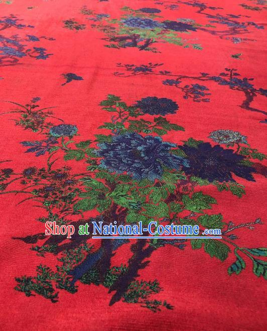 Asian Chinese Traditional Peony Orchid Pattern Design Red Gambiered Guangdong Gauze Fabric Silk Material